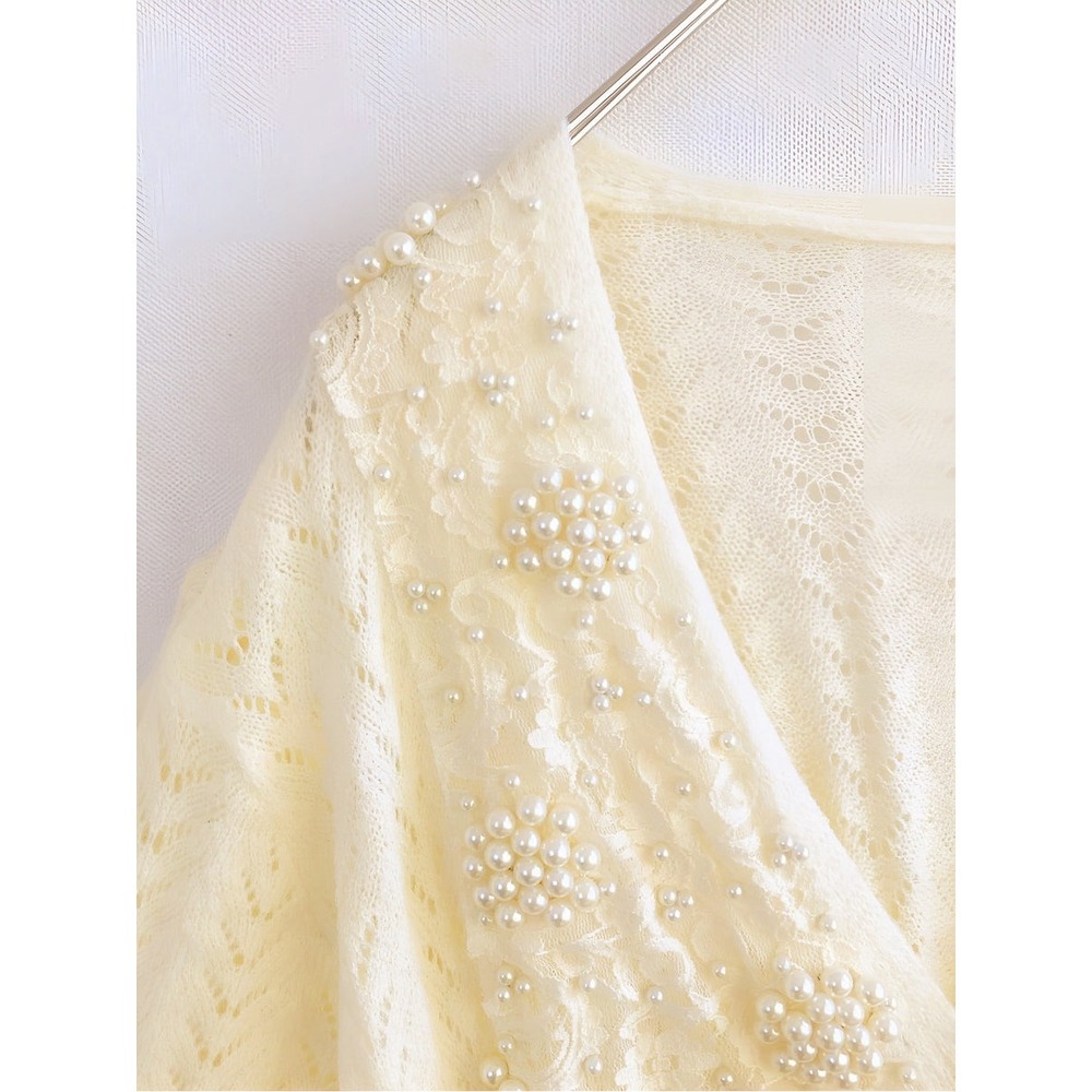 Commense Pearl Embellished Cardigan Sweater,‎ Elegant Knitwear,  Off White M - Picture 5 of 9